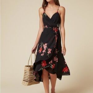 Reformation Mattie Black & Red Hibiscus Floral Sleeveless Midi Wrap Dress